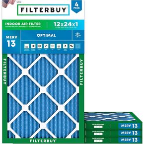 Filterbuy 12x24x1 Air Filter MERV 13 Optimal Defense (4-Pack), Pleated HVAC AC Furnace Air Filters Replacement (Actual Size: 11.38 x 23.38 x 0.75 Inches)
