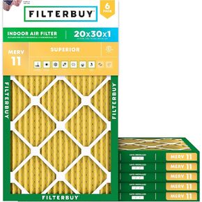 Filterbuy 20x30x1 Air Filter MERV 11 Allergen Defense (6-Pack), Pleated HVAC AC Furnace Air Filters Replacement (Actual Size: 19.50 x 29.50 x 0.75 Inches)