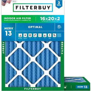Filterbuy 16x20x2 Air Filter MERV 13 Optimal Defense (2-Pack), Pleated HVAC AC Furnace Air Filters Replacement (Actual Size: 15.50 x 19.50 x 1.75 Inches)