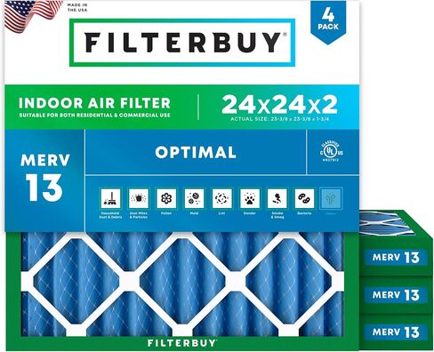 Filterbuy 12x24x1 Air Filter MERV 13 Optimal Defense (4-Pack), Pleated HVAC AC Furnace Air Filters Replacement (Actual Size: 11.38 x 23.38 x 0.75 Inches) in Kuwait