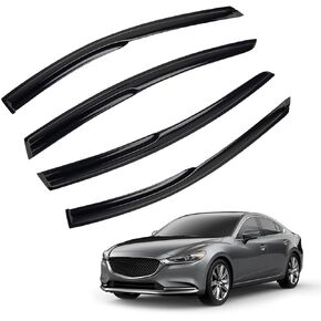 4pcs JDM 3D Wavy MU Style Window Visors Compatible with 2014-2021 Mazda 6 Atenza, Front+Rear Left+Right Outside Mount Type Dark Smoke Tint Tape-On Side Sun Rain Guards Set of 4