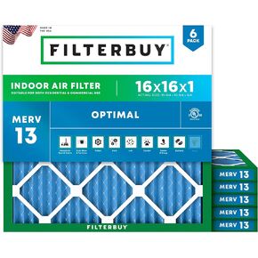 Filterbuy 16x16x1 Air Filter MERV 13 Optimal Defense (6-Pack), Pleated HVAC AC Furnace Air Filters Replacement (Actual Size: 15.75 x 15.75 x 0.75 Inches)