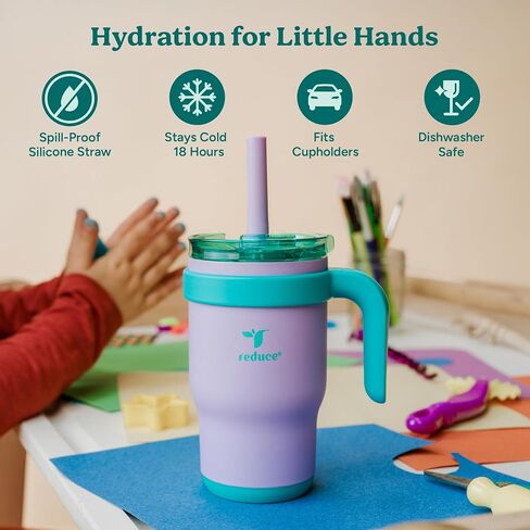 Reduce 14oz Coldee Tumbler with Handle for Youth - Vacuum Insulated Stainless Steel Mug with Lid & Straw - Keeps Drinks Cold up to 18 Hours - Spill-Proof & Chew-Resistant Straw - Pink Lemonade in Saudi Arabia
