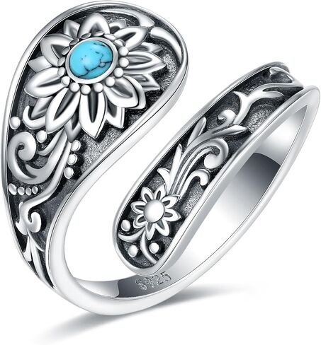 Turquoise Rings for Women - Sterling Silver Just Breathe Rings for Women Adjustable Feather Ring Stacking Ring Vintage Statement Ring for Women in Saudi Arabia