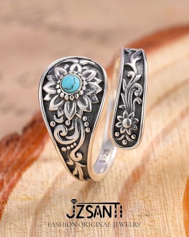 Turquoise Rings for Women - Sterling Silver Just Breathe Rings for Women Adjustable Feather Ring Stacking Ring Vintage Statement Ring for Women in Saudi Arabia