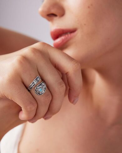 Turquoise Rings for Women - Sterling Silver Just Breathe Rings for Women Adjustable Feather Ring Stacking Ring Vintage Statement Ring for Women in Saudi Arabia