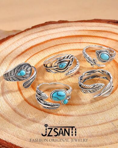 Turquoise Rings for Women - Sterling Silver Just Breathe Rings for Women Adjustable Feather Ring Stacking Ring Vintage Statement Ring for Women in Saudi Arabia