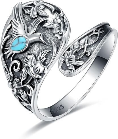 Turquoise Rings for Women - Sterling Silver Just Breathe Rings for Women Adjustable Feather Ring Stacking Ring Vintage Statement Ring for Women in Kuwait