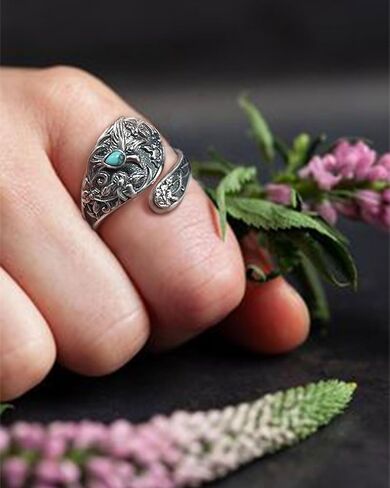 Turquoise Rings for Women - Sterling Silver Just Breathe Rings for Women Adjustable Feather Ring Stacking Ring Vintage Statement Ring for Women in Kuwait