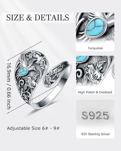 Turquoise Rings for Women - Sterling Silver Just Breathe Rings for Women Adjustable Feather Ring Stacking Ring Vintage Statement Ring for Women in Kuwait