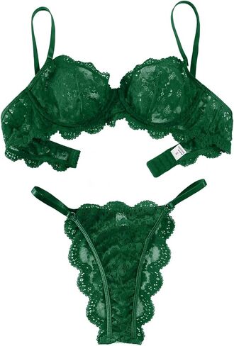 Lilosy Sexy Underwire Push Up Scallop Floral Lace Sheer Lingerie Set for Women Bra and Panty 2 Piece in Kuwait