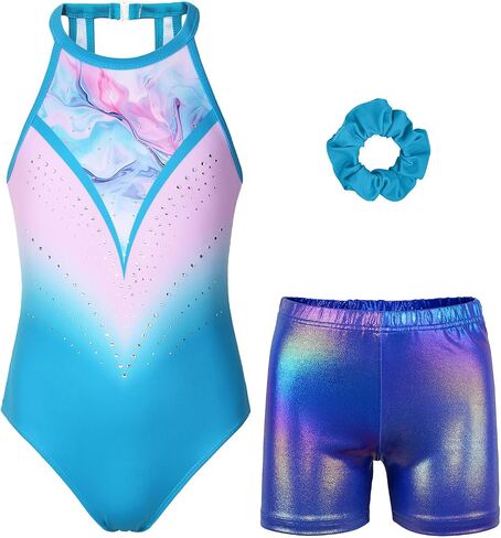 Gymnastics Leotards for Girls With Shorts Sparkly Ballet Dance Clasp Back Activewear in Kuwait