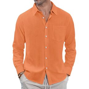 J.VER Men's Linen Shirts Casual Button Down Long Sleeve Shirt Solid Spread Collar Summer Beach Shirts with Pocket