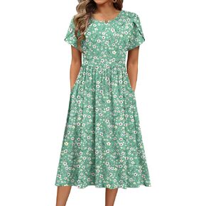 HOTOUCH Women's Summer Short Sleeve A-Line Midi Dresses Casual Floral T-Shirt Dress Flowy Beach Sundress with Pockets
