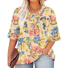 Micoson Womens Plus Size Tops 3/4 Ruffle Sleeve Shirt Casual V Neck Pleated T Shirt Loose Fit Tunic Blouse(1X-5X) in Kuwait