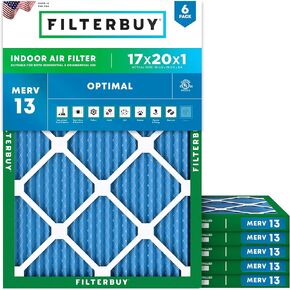 Filterbuy 17x20x1 Air Filter MERV 13 Optimal Defense (6-Pack), Pleated HVAC AC Furnace Air Filters Replacement (Actual Size: 16.50 x 19.50 x 0.75 Inches)