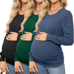 Onedreamer Women's Maternity Shirts Puff Sleeve Round Neck Tunic Top Casual Pregnancy Clothes