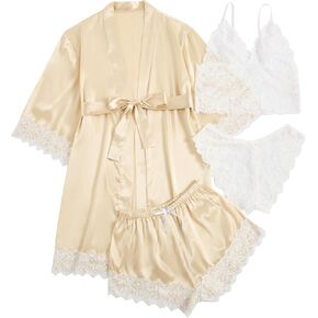 WDIRARA Women' Silk Satin Pajamas Set 4pcs Lingerie Floral Lace Cami Sleepwear with Robe