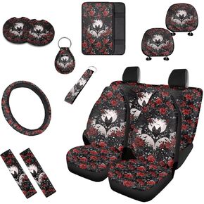13 قطعة من أغطية مقاعد السيارة بطباعة عباد الشمس، مجموعة كاملة من إكسسوارات السيارة الداخلية اللطيفة على شكل زهرة الأقحوان تناسب سيارات الدفع الرباعي والشاحنات وحزام الكتف، أسود in Kuwait