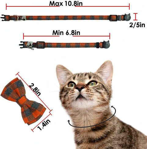 Cat Collar Breakaway with Bell and Bow Tie, Plaid Design Adjustable Safety Kitty Kitten Collars(6.8-10.8in) (Red/White/Blue) in Kuwait