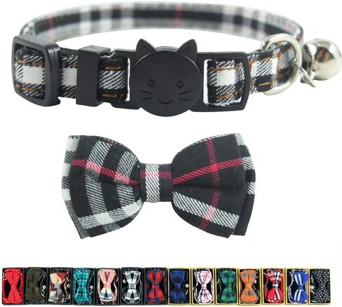Cat Collar Breakaway with Bell and Bow Tie, Plaid Design Adjustable Safety Kitty Kitten Collars(6.8-10.8in) (Red/White/Blue) in Kuwait