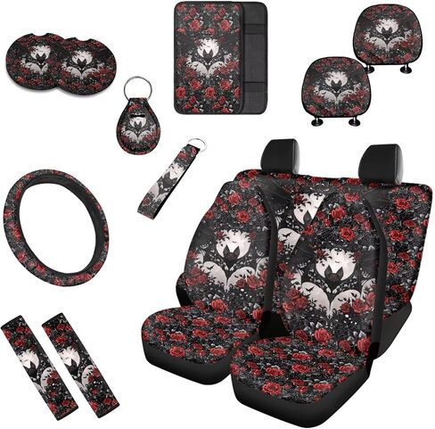 13 قطعة من أغطية مقاعد السيارة بطباعة عباد الشمس، مجموعة كاملة من إكسسوارات السيارة الداخلية اللطيفة على شكل زهرة الأقحوان تناسب سيارات الدفع الرباعي والشاحنات وحزام الكتف، أسود in Kuwait