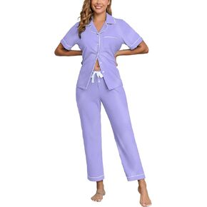 COLORFULLEAF Women's 100% Cotton Pajama Set Summer Button Down Short Sleeve Shirt and Long Pants Sleepwear Soft Lounge Sets