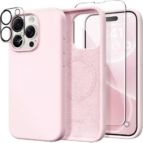 for iPhone 14 Pro Max Case Silicone, Compatible with MagSafe, with 2X Screen Protector + 2X Camera Lens Protector, Liquid Silicone Shockproof Protective iPhone 14 ProMax Case, Stone