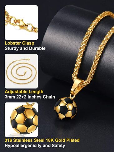 ChainsPro Men Ball Necklace Sport Jewelry, Soccer/Football/Baseball Lover Confirmation Gift, Chain-22+2" Adjustable, 316L Stainless Steel/18K Gold Plated/Black- Send Gift Box in Saudi Arabia