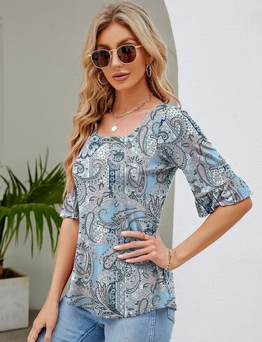 Womens 3/4 Sleeve Shirts Summer Square Neck Bell Sleeve Tops Business Casual Loose Tunic Work Dressy Blouses in Kuwait