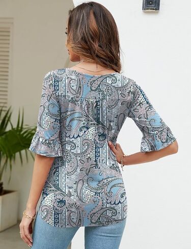 Womens 3/4 Sleeve Shirts Summer Square Neck Bell Sleeve Tops Business Casual Loose Tunic Work Dressy Blouses in Kuwait