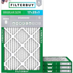 Filterbuy 17x25x1 Air Filter MERV 8 Dust Defense (4-Pack), Pleated HVAC AC Furnace Air Filters Replacement (Actual Size: 16.50 x 24.50 x 0.75 Inches)