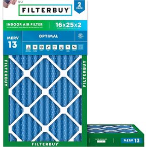 Filterbuy 16x25x2 Air Filter MERV 13 Optimal Defense (2-Pack), Pleated HVAC AC Furnace Air Filters Replacement (Actual Size: 15.50 x 24.50 x 1.75 Inches)