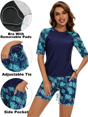 Tournesol Women's Two Piece Rash Guard Short Sleeve Swim Shirts UPF 50+ Built in Bra Swimsuit with Boyshorts with Pockets in Kuwait