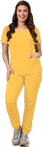 Green Town Scrubs for Women Scrub Set - Jogger Pant and V-Neck Top, 6 Pockets, Easy Care Uniforms-Pewter-X-Large Petite in Saudi Arabia