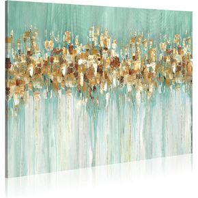 Blue Abstract Gold Painting Wall-art: Navy Marble Canvas Art Golden Foils Art Gray Modern Picture Beach or Coastal Artwork for Large Wall Decor Living Room