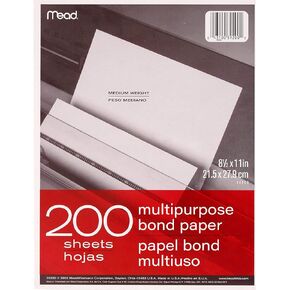 Mead Multipurpose Paper, 8-1/2" x 11", Letter Size, Bond, White, 200 Sheets/Pack (39200)