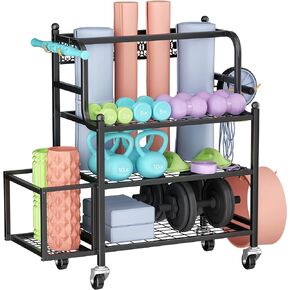 Y&M Yoga Mat Storage Racks, Home Gym Storage Rack for Organizing Kettlebells Dumbbells Foam Roller, All-in-One Workout Equipment Storage Organizer with Hooks and Wheels, Yoga Strap and Resistance Band