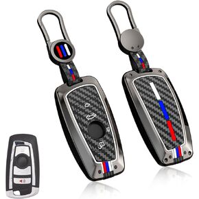 Jaronx Compatible With BMW Key Fob Cover 1'F20/2'F22/3'F30/4'F32/5'F10/6'F11/7'F01/X3 F25/X4 F26/M3 M4 M5 M6, For BMW Metal Key Fob Cover Carbon Fiber Pattern Silicone Rubber For BMW Key Accessories
