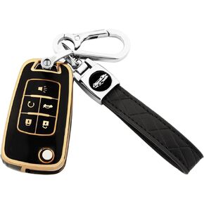 لغطاء مفتاح Chevy Key Fob مع سلسلة مفاتيح، حافظة مفاتيح حماية كاملة من مادة TPU الفاخرة لسيارة شيفروليه إكوينوكس كامارو كروز ماليبو إمبالا سبارك سونيك جي إم سي بويك تيراين إنكور ألور ريجال (أسود)