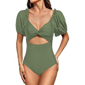 Upopby Women's Cutout One Piece Swimsuit Tummy Control Swimwear Retro Puff Sleeve High Waisted Bathing Suits