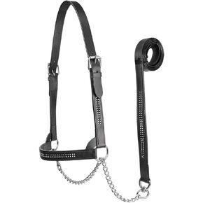 Derby Originals New and Improved Premium Crystal Bling Rhinestone Inlay Flat Leather Cattle Show Halter with Matching Chain Lead