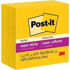 Post-it Super Sticky Notes, 3x3 in, 5 Pads, 2x the Sticking Power, Electric Yellow, Recyclable(654-5SSY)