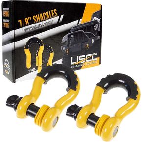 US Cargo Control D Ring Shackles 7/8 Inch (2 Pack) 78,000 lbs Break Strength, Screw Pin Tow Shackles with Isolator and Silicone Washers for Tow Strap, Off Road Vehicle Recovery Shackles, Yellow/Black