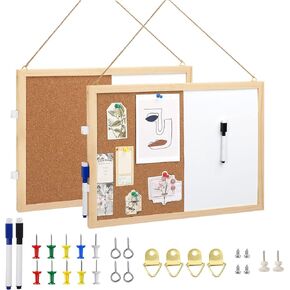 2-Pack Cork Board White Board Combo - 15.7 x 12 inches Whiteboard Bulletin Combination Board Hanging Office White Push Pin Board Vision Board for Room School Office Bedroom (with Pins, Hardware, Rope)