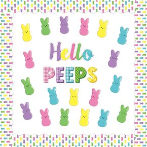 108Pcs Easter Hello Peeps Cutouts Bulletin Board Set Easter Bunny Peeps Paper Cut-Outs Easter Day Bunnies Trim Border Bulletin Board for School Classroom Nursery Blackboard Door Wall Decor