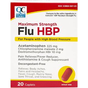 Quality Choice Maximum Strength Flu High Blood Pressure (HBP), Pain Reliever and Fever Reducer, Antihistamine & Cough Suppressant, Decongestant Free, for People with High Blood Pressure, 20 Count