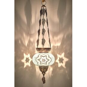 DEMMEX Turkish Moroccan Colorful Mosaic Bohemian Boho Hanging Candle Holder Lantern with Handmade Colorful Glass Globe and Metal Leaf Chains, 24" (Cutsie)