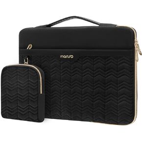 MOSISO 360 Protective Laptop Sleeve 13-14 inch, Compatible with MacBook Air 13 M2 M1, Compatible with MacBook Pro 13/14 inch, Wavy Quilted Side Open Bag with Horizontal Pockets&Small Case&Belt, Black