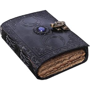 Vintage Leather Journal with Semi Precious Witch Stone Triple Moon Design-Lock Closure, 200 Antique Deckle Edge Paper - Leather Book of Shadows, Grimoire Journal, Sketchbook & Writing Journal 7x5 Inch